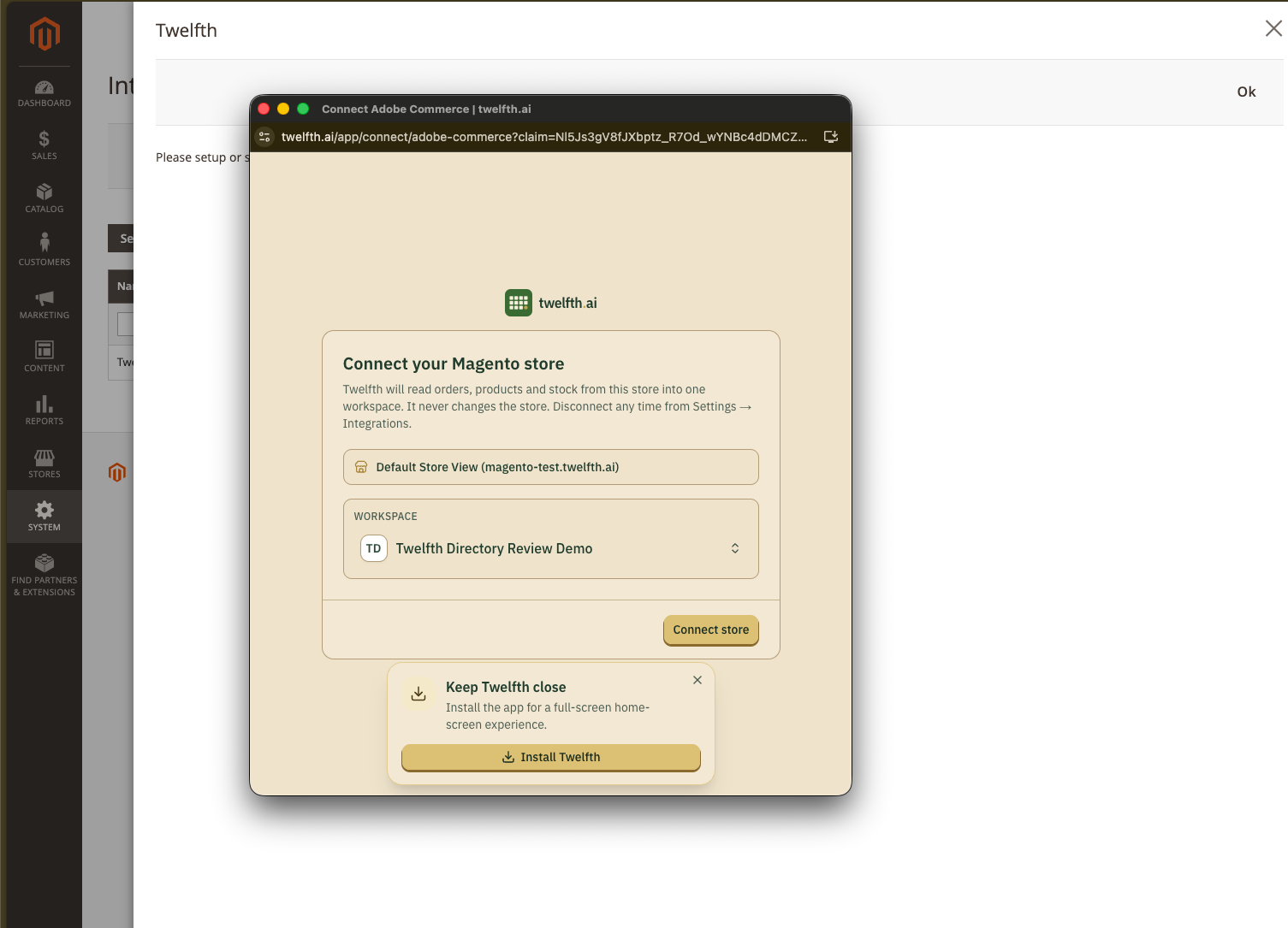 Choose the Twelfth workspace and connect the Magento store