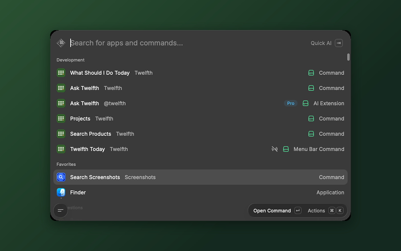 The five Twelfth commands in the Raycast launcher