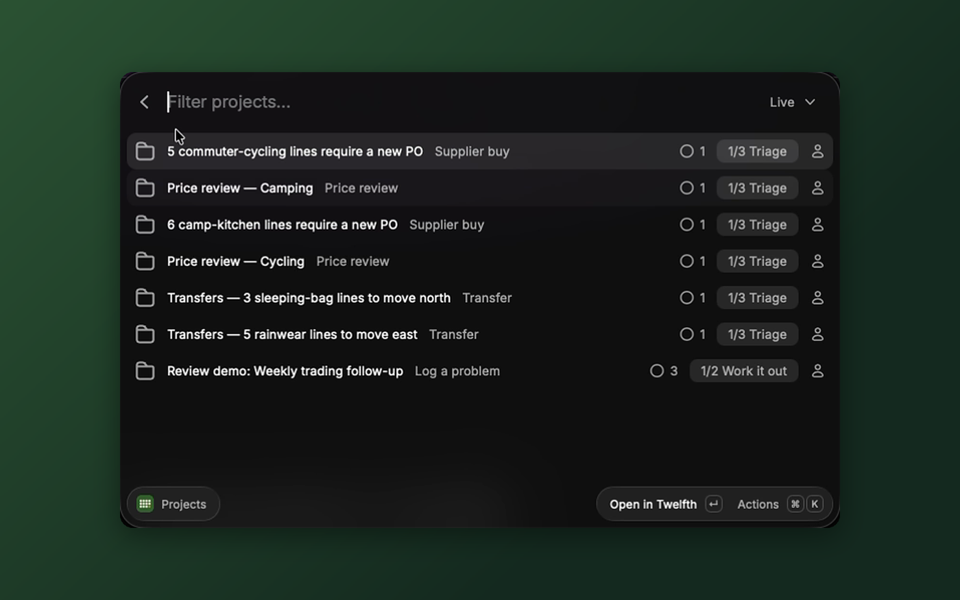 Projects: live projects with workflow, open tasks and stage