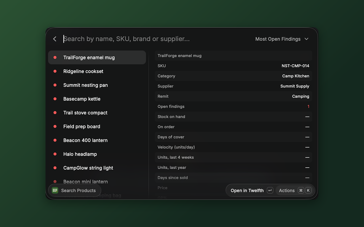 Search Products sorted by Most Open Findings, with the detail panel open
