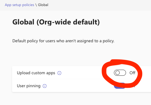 Upload custom apps toggle in the Global app setup policy